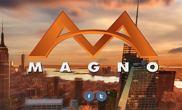 Orange geometric logo with the word MAGNO over a sunset cityscape of New York City.