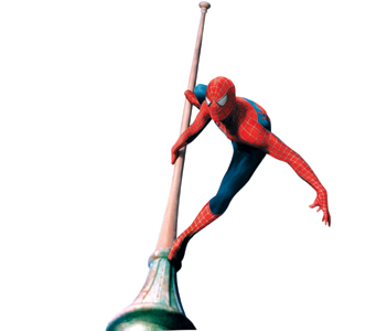 Spider-Man in a red and blue suit climbing a tall, slender pole against a white background.