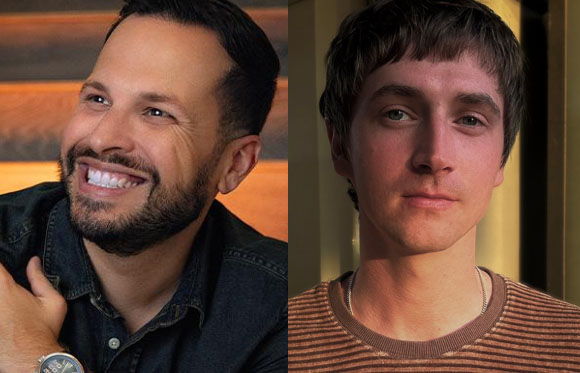 A split image showing a smiling man with a beard on the left and a young man with short hair on the right.