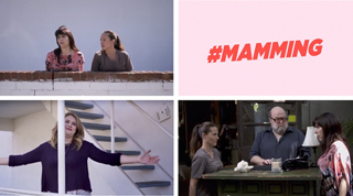 Four-panel collage featuring women in various domestic settings and a pink graphic with #MAMMING.