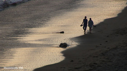 Two silhouettes walking along a sandy beach near the water's edge during sunset.