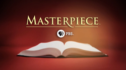 The gold Masterpiece logo above the PBS logo and an open book on a red background.