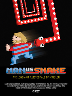 Pixel art poster of a blonde man running from a red, diamond-patterned snake on a black background.