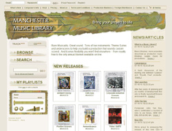 Website interface for Manchester Music Library featuring news, new releases, and a music player.