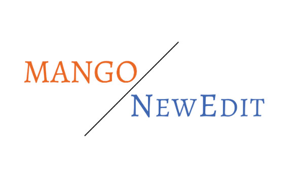 Orange text reading MANGO and blue text reading NEWEDIT separated by a diagonal black line.