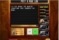 A digital scoreboard interface with text, daily statistics, and buttons for posting or viewing laws.