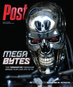 Close-up of a metallic Terminator skull with red glowing eyes against a dark background.