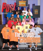 Group of contestants from The Biggest Loser stand and sit together, wearing t-shirts with the show's logo.