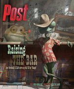 Two animated lizards, one wearing a cowboy hat and Hawaiian shirt, stand behind a bar. The other lizard is visible in the bac
