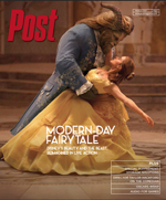 Belle in a yellow gown dances with the Beast in a ballroom, with the Post magazine logo and "Modern-Day Fairy Tale" text.