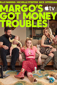 Four people sit in a living room: a man holding a baby, a woman in pink, and a woman in a patterned dress.
