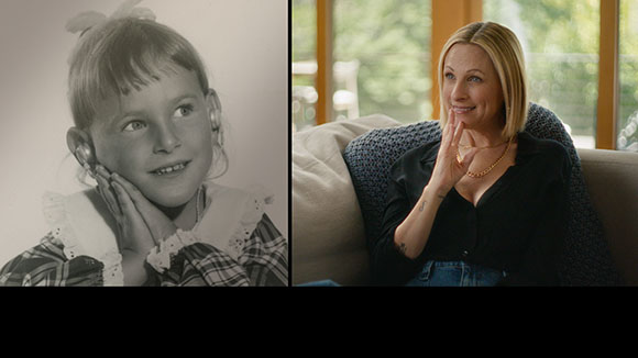 Split screen: a black and white childhood portrait of a girl and a color portrait of a blonde woman smiling.