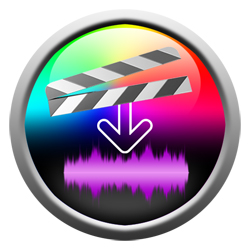 Circular icon with a film clapperboard, a downward arrow, and a purple audio waveform on a rainbow background.