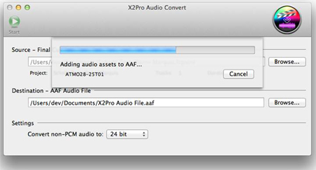 Software window for X2Pro Audio Convert showing a progress bar for adding audio assets to an AAF file.