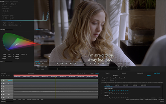 Video editing software interface displaying a close-up of a blonde woman with subtitles.