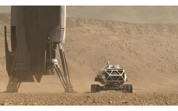 A large mechanical structure stands next to a small, four-wheeled rover in a vast, dusty desert landscape.