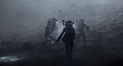 Three astronauts in protective suits walking through a dark, swirling dust storm on a desolate landscape.