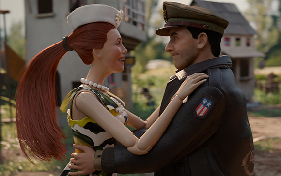 Two animated dolls, a woman with red hair and a man in a military uniform, embrace and smile at each other.