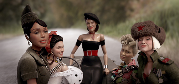 Five diverse female dolls in vintage-style clothing posed along a road.