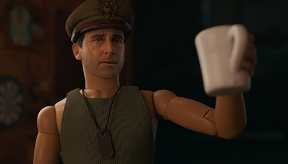 An articulated action figure in a military cap and olive tank top holds up a white mug.
