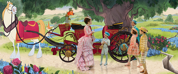 People in historical attire standing near a red horse-drawn carriage in a garden setting.