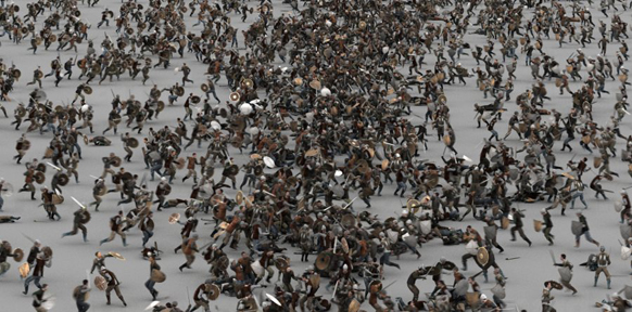 A vast army of ancient warriors engaged in a large-scale battle on a flat, grey landscape.