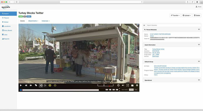 Media interface displaying a video of a street kiosk and metadata about Turkey blocking Twitter.