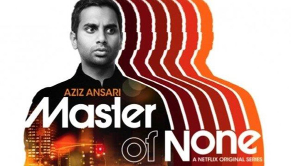 Aziz Ansari's portrait overlaid with wavy red and orange lines and the series title.