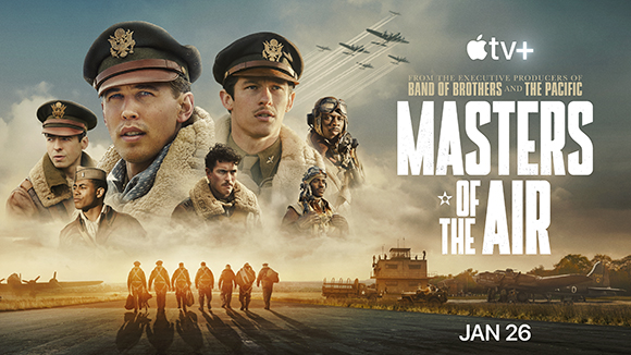 Poster for Masters of the Air featuring several pilots in uniform and B-17 bombers in flight.