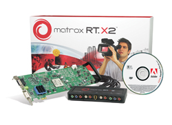 Matrox RT.X2 box, a green circuit board, a black interface box, and a software CD on a white background.