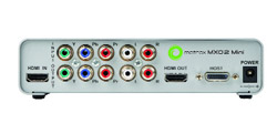 Rear view of a silver Matrox MXO2 Mini device showing various video and audio input and output ports.