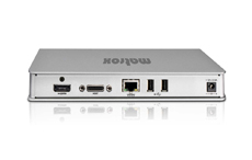 Rear view of a silver electronic device with HDMI, mini-DVI, Ethernet, and USB ports.