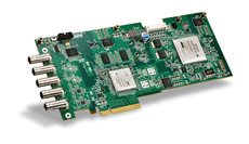 A green printed circuit board featuring multiple microchips, capacitors, and six silver metal connectors.