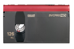 A black Maxell DVCPRO HD video cassette with a red top and 126 XL printed on the side.