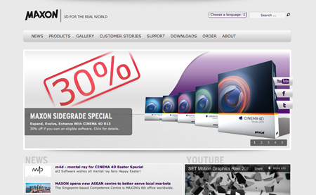 Maxon website banner advertising a 30% sidegrade special on Cinema 4D software.