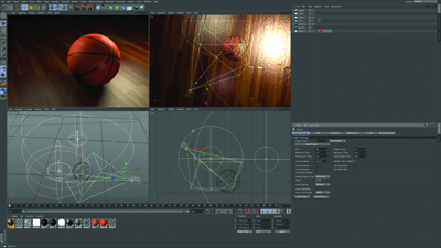 A 3D software interface displaying a basketball model, wireframe views, and rendering panels.