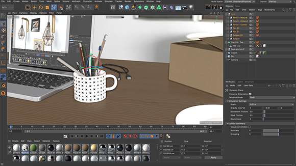 A 3D software interface showing a digital render of a laptop, a mug with pens, and a cardboard box on a desk.