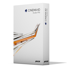 A white software box for Cinema 4D Studio R16 featuring an abstract orange and silver graphic.
