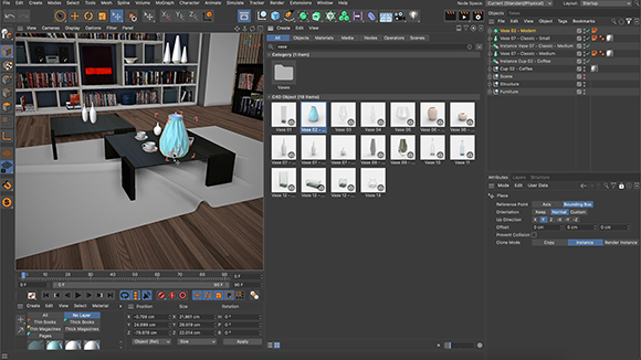 3D modeling software interface showing a digital room with furniture and a library of vase assets.