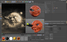 Interface of 3D modeling software displaying a textured, face-like moon character in multiple viewports.
