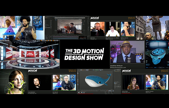A grid of video call windows featuring diverse speakers and 3D digital art and animations.
