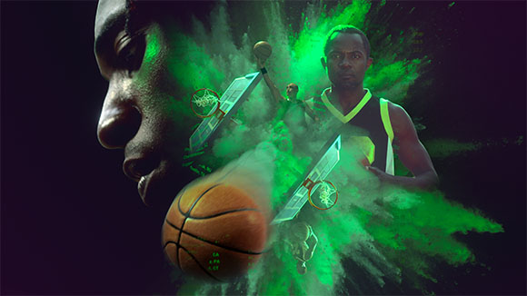 A collage of basketball players, a basketball, and hoops amidst vibrant green energy clouds.