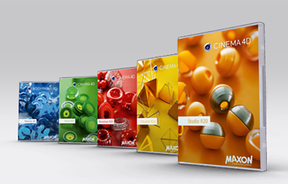 Five colorful software boxes for Cinema 4D arranged in a diagonal row from blue to orange.