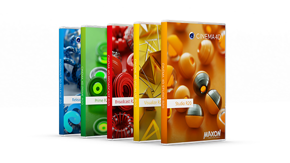 Five colorful software boxes for Cinema 4D R20 in blue, green, red, yellow, and orange.