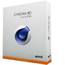 A white software box for Cinema 4D Studio R14 featuring a blue spherical logo.
