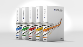 Five white software boxes for Cinema 4D and BodyPaint 3D arranged in a diagonal line.