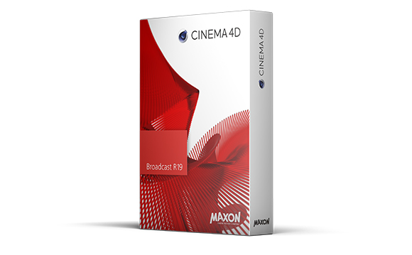 A white software box for Cinema 4D Broadcast R19 with red abstract wave patterns.