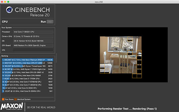 Cinebench Release 20 interface showing system specs and a 3D room render test in progress.