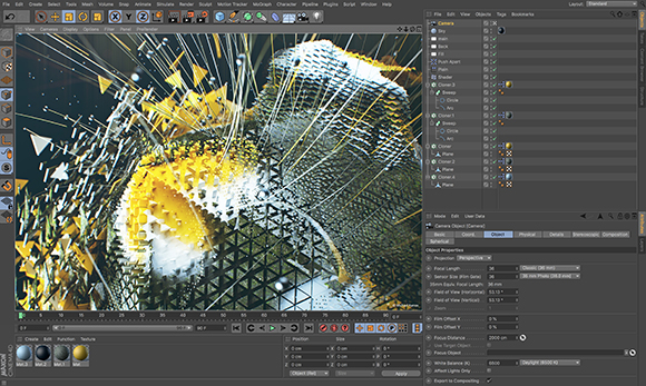A computer screen showing a 3D software interface with a complex, golden and white geometric abstract render.