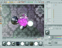 A 3D modeling software interface displaying various spheres and textures against a patterned background.